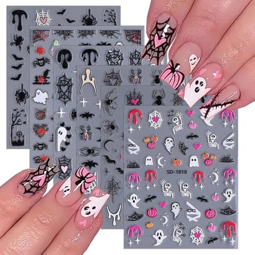 6 Sheets 5D Embossed Halloween Nail Art Stickers Spooky Ghost Pumpkin Decals
