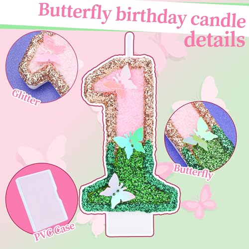 Butterfly Birthday Candle Number 1 - Pink & Green Glitter Cake Topper