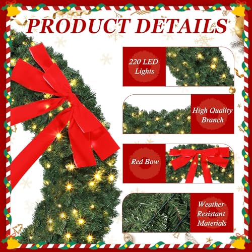60 Inch Prelit Christmas Wreath with 300 Warm White LED Lights - Outdoor Indoor Holiday Decor