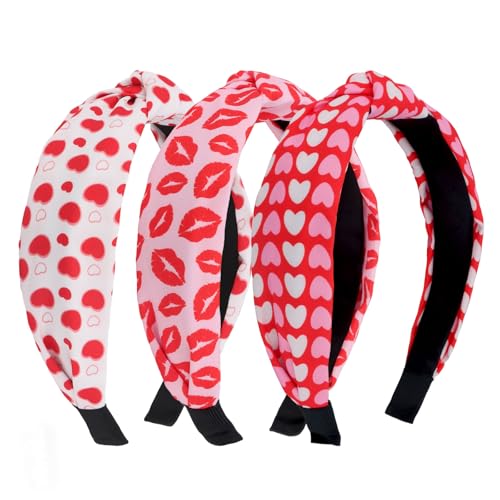 WHAVEL Valentine's Day Knotted Headbands 3-Piece Heart Print Hair Accessories