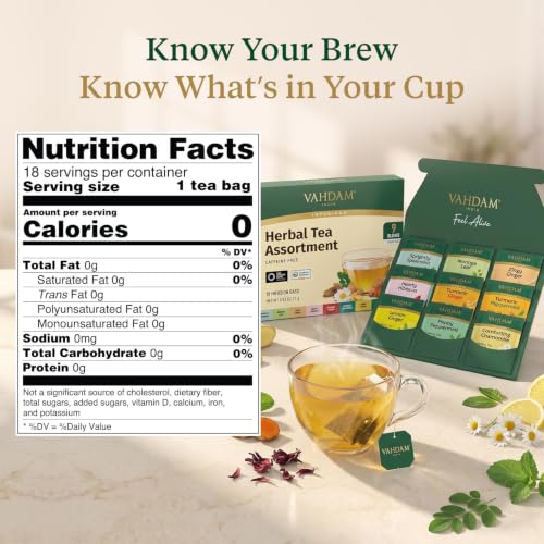 VAHDAM Assorted Herbal Tea Sampler - 18 Tea Bags, 9 Flavors, Caffeine-Free, Individually Wrapped, Pack of 1