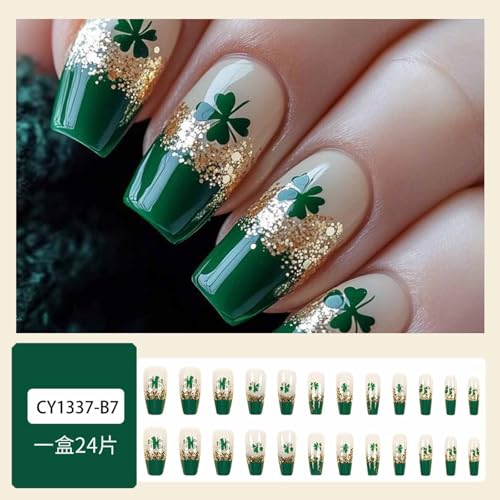 St. Patrick's Day Press On Nails Medium Coffin Shamrock False Nails