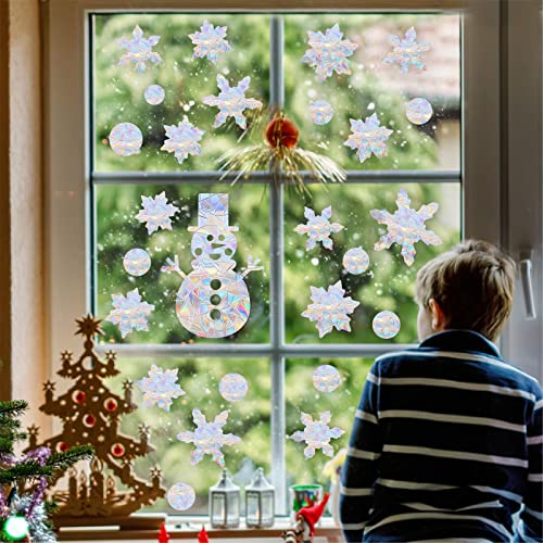 Christmas Snowflake Window Clings with Snowman Variation - Rainbow Rainbow Prismatic Vinyl Decals for Birds Strike Prevention