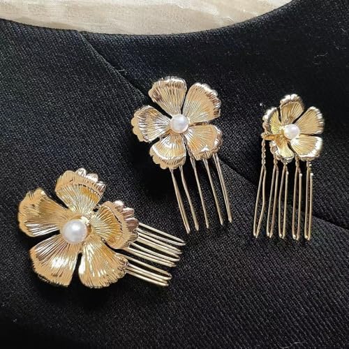 SICOPEE 3 Pack Vintage Gold Flower & Pearl Hair Combs for Wedding Bridal