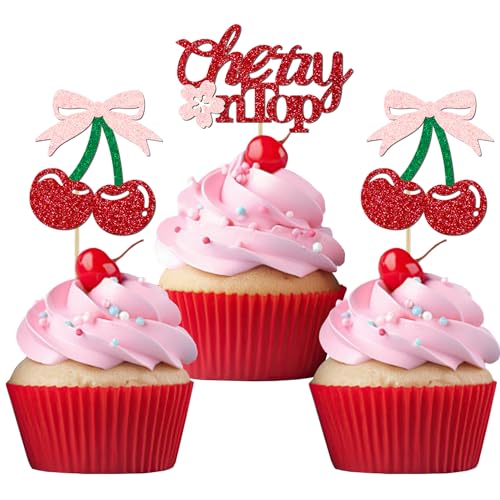24 Pack She's the Cherry On Top Cupcake Toppers - Glitter Cake Picks