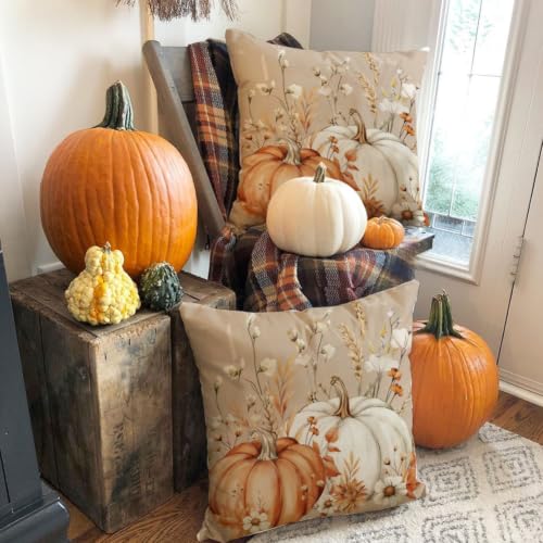 Fall Pumpkin Throw Pillow Covers 18x18, Waterproof Brown Set of 2