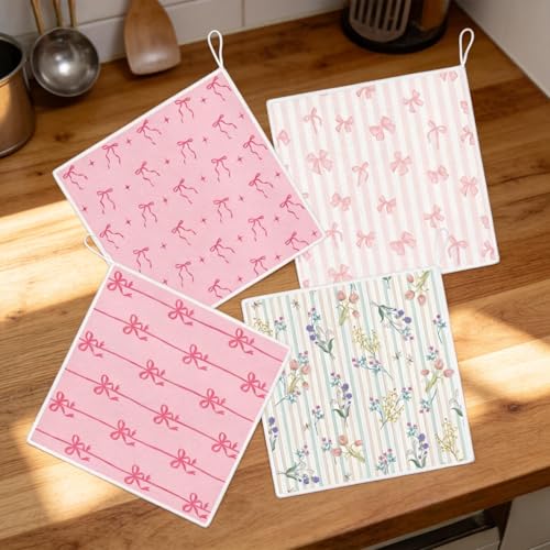Microfiber Kitchen Dish Cloths - 4-Pack Reusable Towels with Hanging Loop