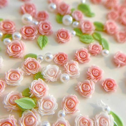 3D Flower Nail Charms with Pearls and Rhinestones - 60Pcs Pink Spring Blossom Acrylic Floral Manicure Decorations