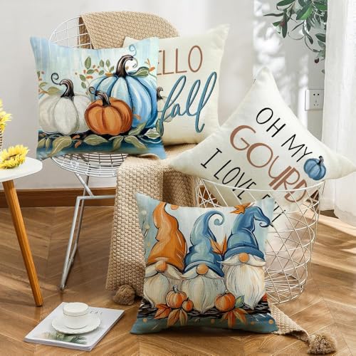 Fall Beach Gnome Pillow Covers 20x20 Inch Set of 4 - Pumpkin Decor