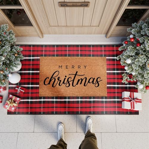 Christmas Door Mat Outdoor 24x51 Reversible Buffalo Check Rug - Red & Black