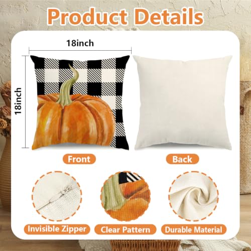 Fall Throw Pillow Covers 18x18 Set of 4, Farmhouse Autumn Pumpkin Decor