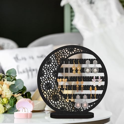 Kathfly 10-Inch Wooden Moon Earring Stand - Black Boho Jewelry Organizer