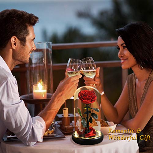 LED Preserved Rose Flower Gift - Christmas Rose with Warm Lights, Glass Dome, Forever Flowers for Women