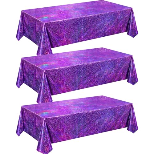 Holographic Purple Tablecloths - 54x108 Inch Iridescent Party Covers (3 Pack)