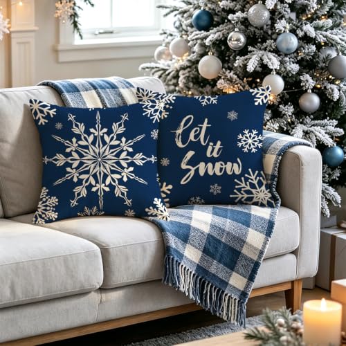 Blue Snowflake Pillow Covers Set of 4 20x20 Inches Christmas Home Decor