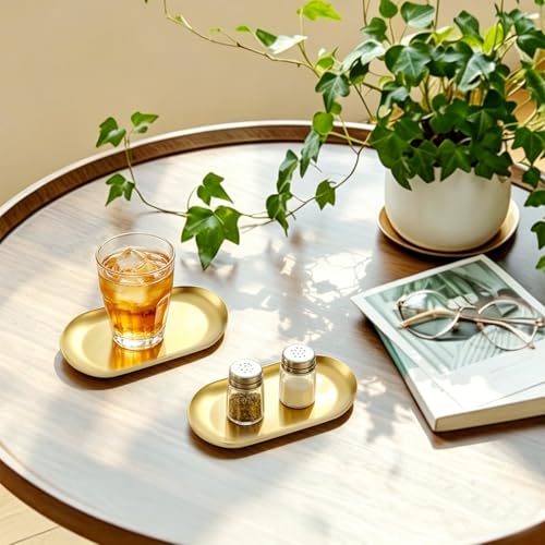 Gold Stainless Steel Decorative Tray Set - 2 Oval Organizers for Jewelry & Cosmetics