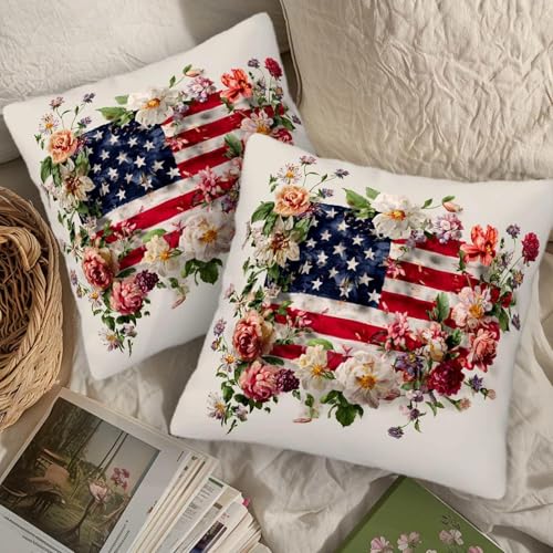 Floral Flag Fusion Throw Pillow Covers 18x18 (Set of 2) - Vintage American Design