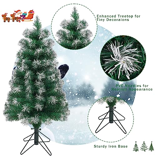 Mini Artificial Christmas Tree 2Ft with Snow Flocking, Green Xmas Tree with Metal Stand