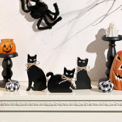 3-Piece Black Cat Wooden Halloween Decor Set - Rustic Tabletop Sign