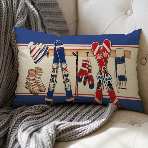 Winter Skiing Decorative Throw Pillow Cover - 12x20 Cotton Linen