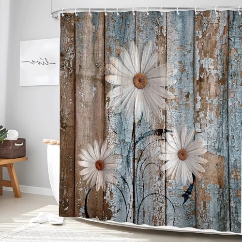Rustic Floral Shower Curtain - White Daisy & Vintage Barn Design, 70x70 Inches