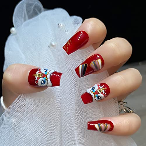 Ricefod Handmade Press on False Nails Luxury Coffin Red Medium 10pcs