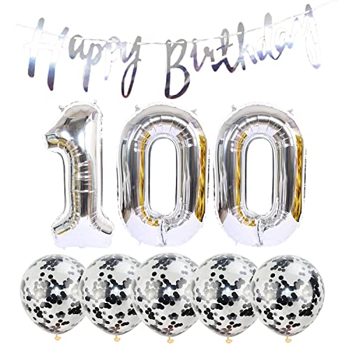 100th Birthday Decoration Kit - Silver Foil & Latex Balloons