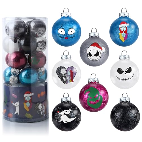 Colorful Skull Pattern Christmas Ornaments Set - 24 Shatterproof Holiday Balls with Hanging Wire