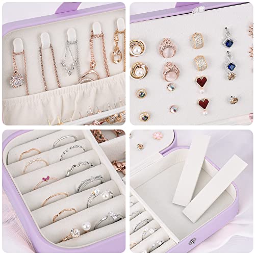Purple Travel Jewelry Organizer Box with Double Layer for Necklaces, Earrings & Rings