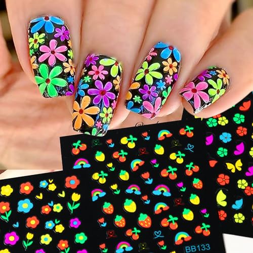 24 Sheets Fluorescent Nail Art Stickers 3D Colorful Flower Butterfly Decals