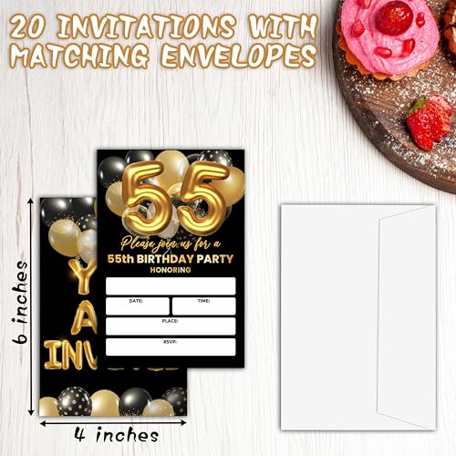 55th Birthday Invitations - Black & Gold, 20 High-Quality Cards