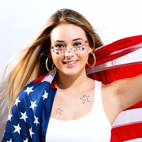 HOWAF Patriotic Glitter Freckles Temporary Tattoos & Face Gems 14-Piece Set