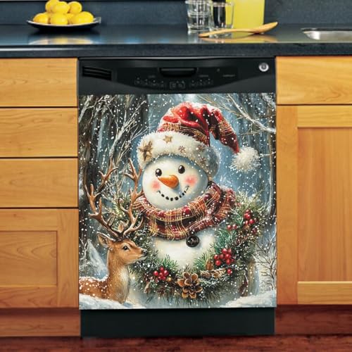 Snowman Dishwasher Cover Vinyl Magnetic Christmas Decor - 23x26 Inches - Deer & Snowman Variation