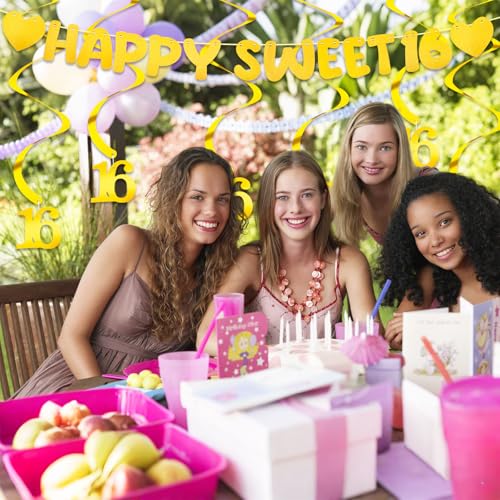 Happy Sweet 16 Birthday Banner & 6 Hanging Swirls Set