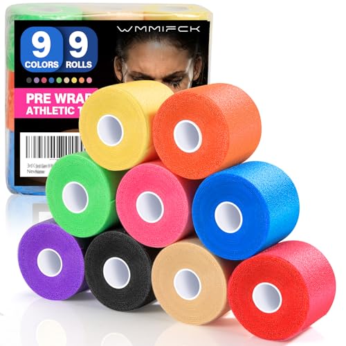 9 Rolls (108 Yards) Pre Wrap Athletic Tape - 9 Colors, 3rd Gen Prewrap for Hair Soccer, Athletic Sports Wrap Foam Underwrap for Headbands, Ankles, Wrists, Hands & Knees