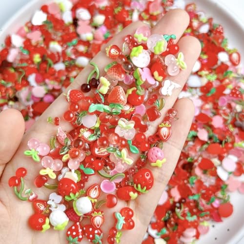Tephrent 150pcs 3D Strawberry and Cherry Resin Nail Charms Flatback Rhinestones