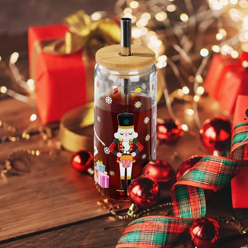 Joeyan Christmas Glass Cups with Lids and Straws - Style 14, 20oz Nutcracker Tumbler Gift Set