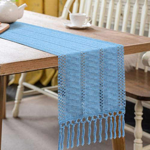 Boho Table Runner Blue Macrame with Tassels 12x60 Inches Rustic Farmhouse Decor
