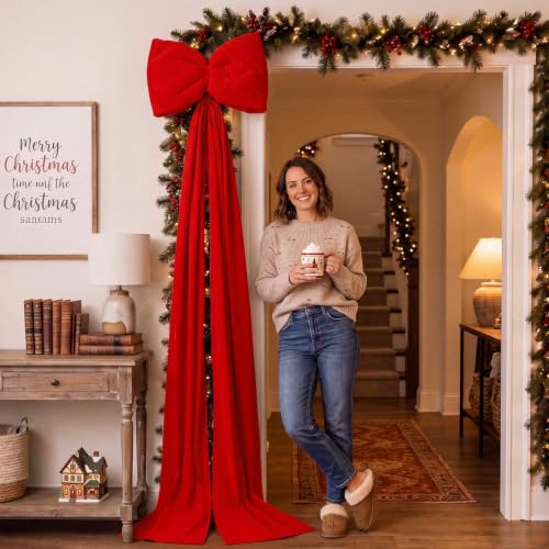 Giant Red Velvet Christmas Bow for Indoor Outdoor Decor - 6.6ft Streamers