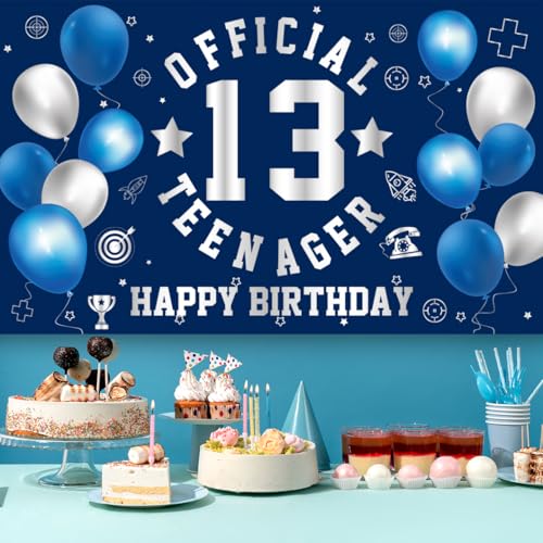 Happy 13th Birthday Banner - Navy Blue & Silver Teen Decor