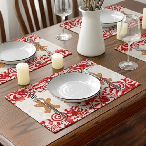 Ansouyi Christmas Gingerbread & Candy Cane Placemats Set of 6 - Heat Resistant Linen Table Mats 12x18 Inches - Gingerbread / 6PCS
