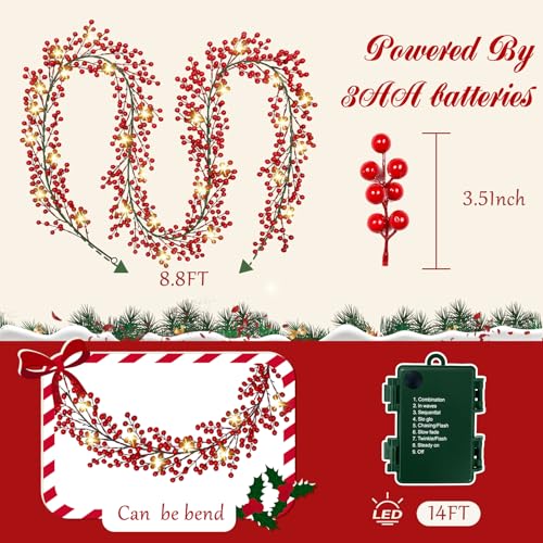 2 Pack 8.9ft Christmas Red Berry Garland with String Lights - Holiday Decor