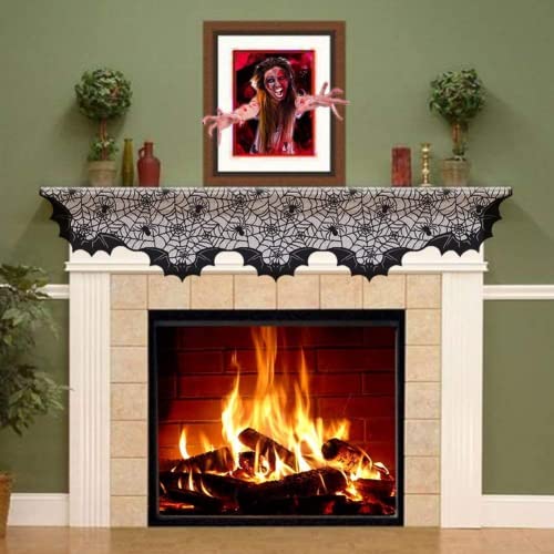 FunisFun Lace Fireplace Mantle Scarf Cover Halloween Bat 20x80" Autumn Decor