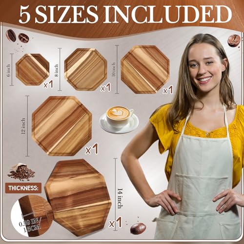Acacia Wood Serving Trays Set of 5 - Octagon Style, 6-14 Inches