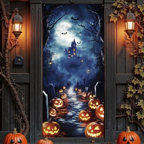 Halloween Pumpkin Castle Door Cover - 35x79 Inch Spooky Banner