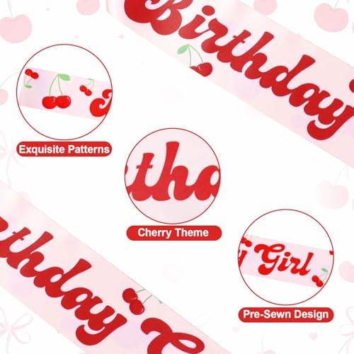 Thinp Cherry Birthday Girl Sash - Pink Satin with Red Cherry Pattern