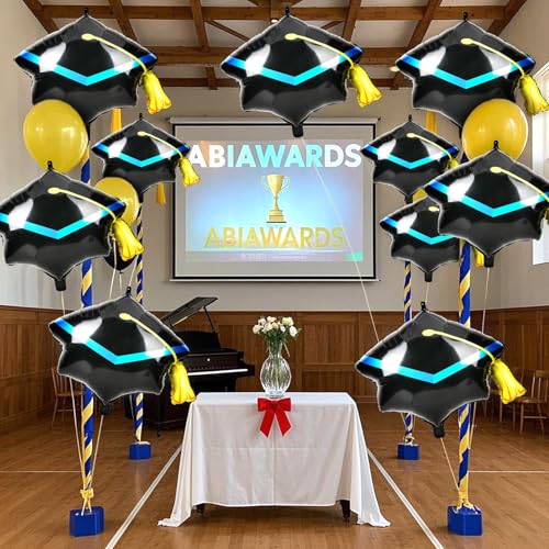 10 Pack Graduation Cap Balloons - 22 Inch Black Grad Hat Foil