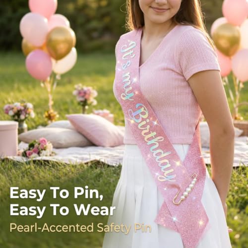It's My Birthday Pink Glitter Sash with Pearl Pin for Women
