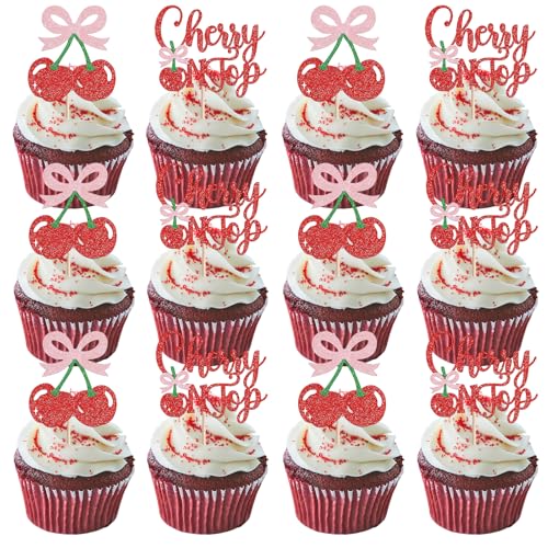 Cherry Cupcake Toppers - Glitter Bow Cake Picks for Parties (24 Pack)