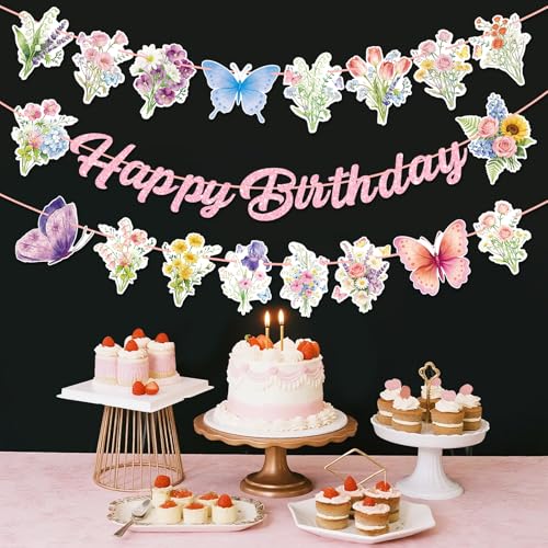 Happy Birthday Banner with Pink Glitter & Floral Accents